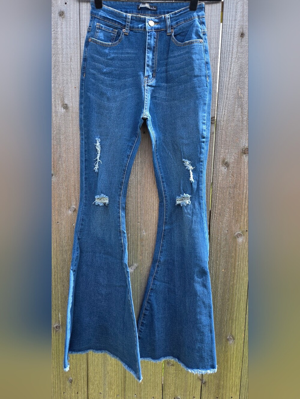 Dark Wash Distressed Flare Jeans | High Rise Bell Bottom Stretch Denim